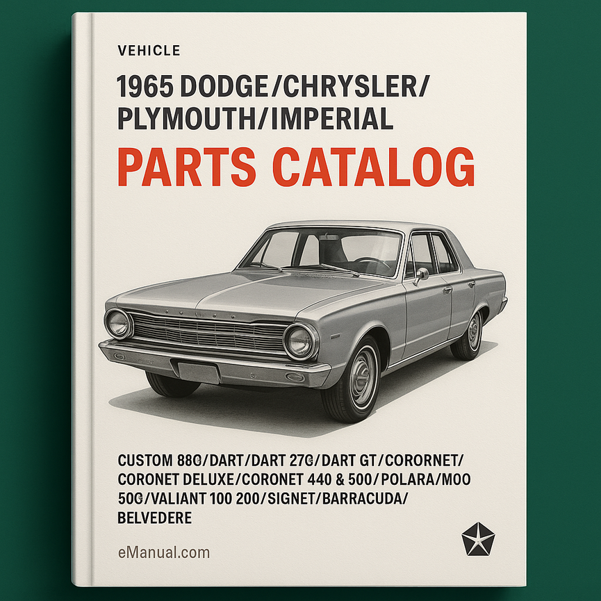 Catálogo de piezas de Dodge/Chrysler/Plymouth/Imperial de 1965 Custom 880/Dart/Dart 270/Dart GT/ Coronet/Coronet Deluxe/Coronet/Coronet 440 y 500/Polara/Monaco 500/Valiant 100 200/Signet/Barracuda/Belvedere